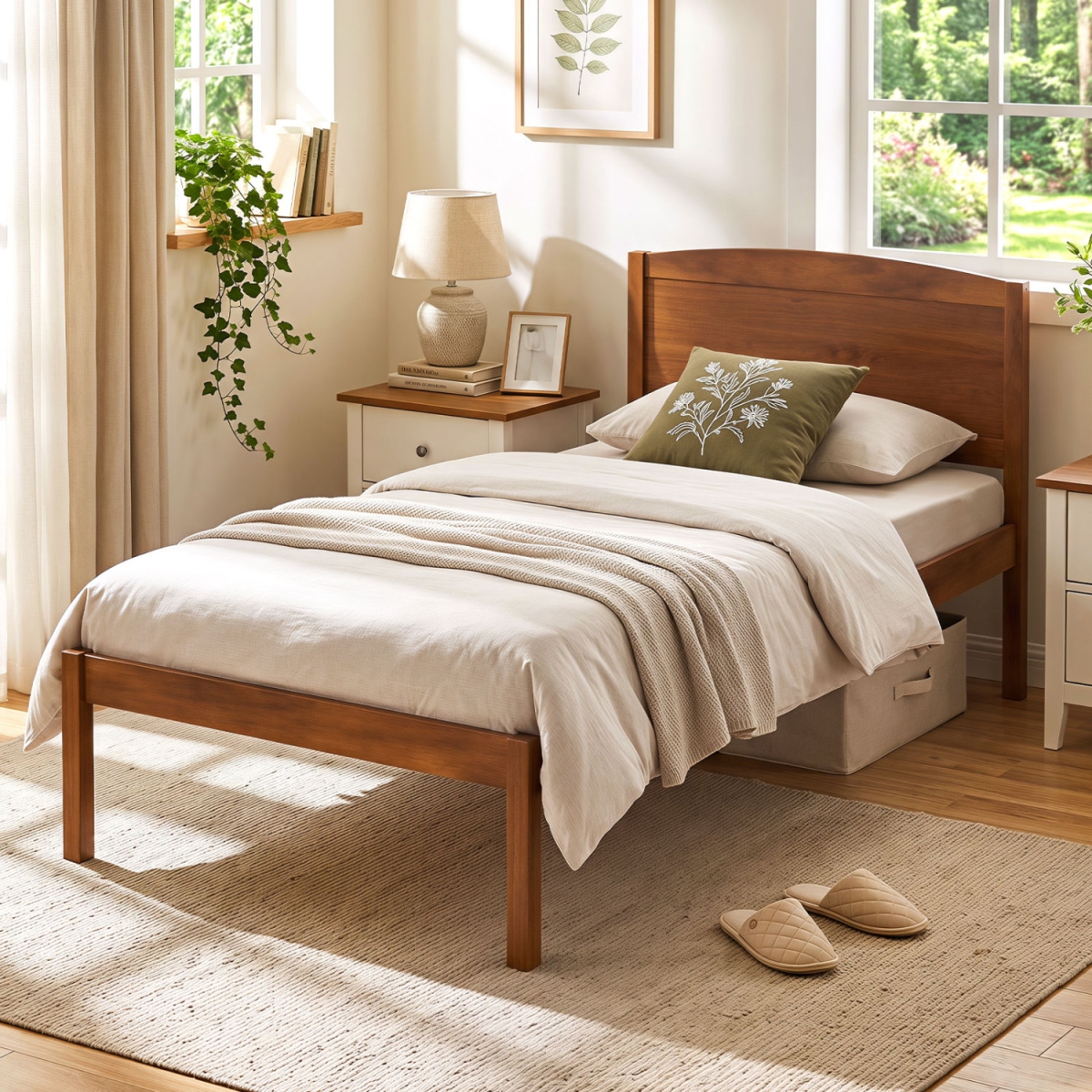 HU11498WN-T Wooden Platform Bed Frame with Curved Headboard - Walnut - Twin Size