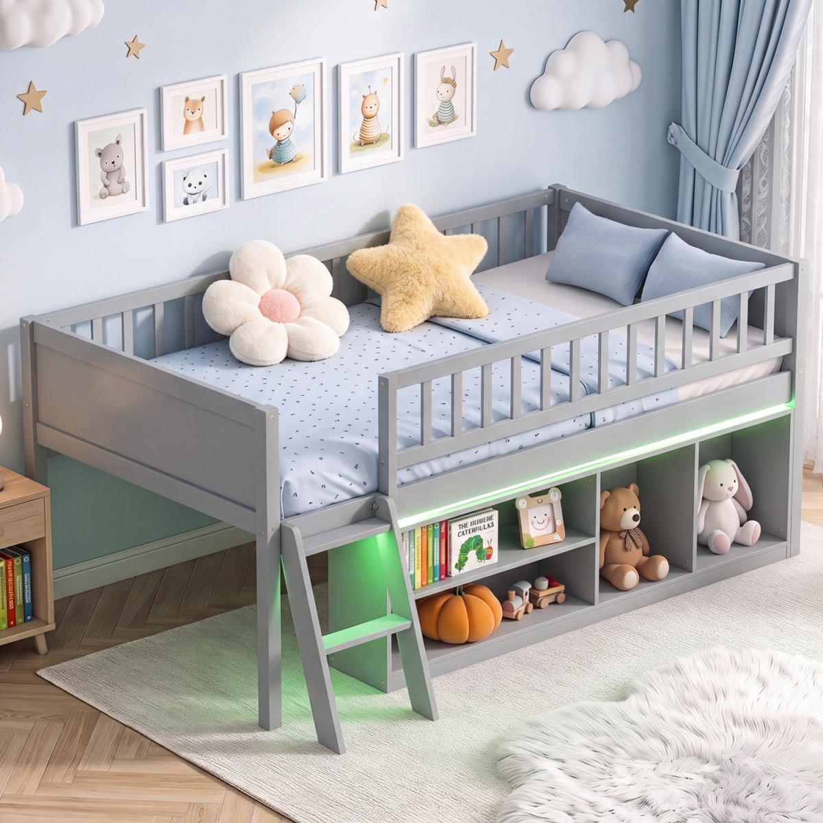 HU11500GR-T Twin Size Loft Bed with Adjustable LED Lights & Bookshelves & Guardrails for Kids - Gray