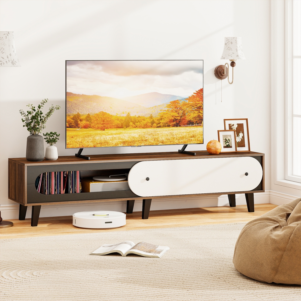 HV10848WN TV Stand for 80 in. TVs Mid Century Modern Entertainment Center with Sliding Door Cabinet - Walnut