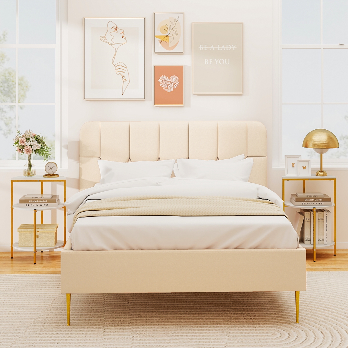 HV10872WH-2 3-Tier Round End Table for Small Space & Bedroom Room - White & Gold - Set of 2