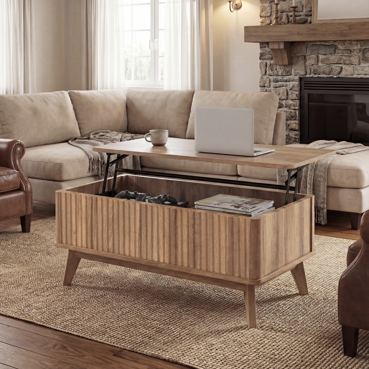 HV10899BN 35.5 in. Rectangle Wooden Fluted Lift Top Coffee Table - Walnut
