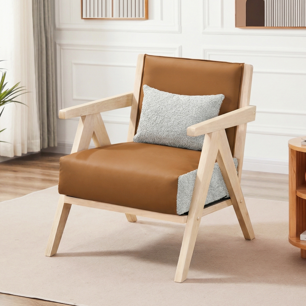 HV10947BN Mid-Century Modern Accent Chair Artificial Leather Sofa Chair with Rubber Wood Frame - Brown