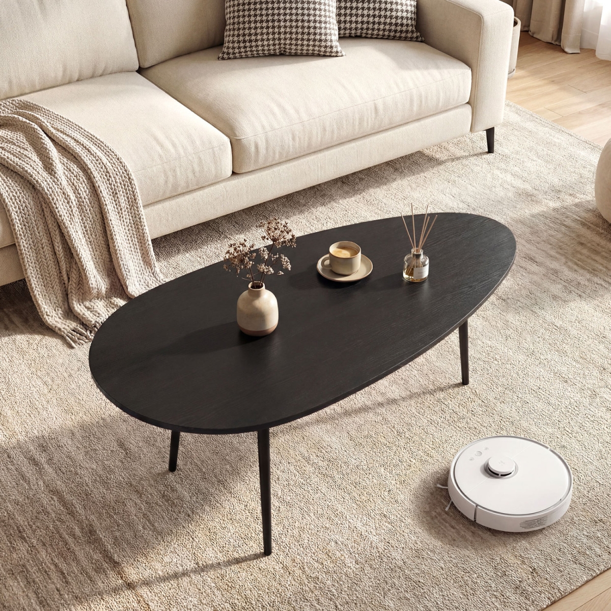 HV10971DK Oval Coffee Table Mid Century Center Table with Sturdy Metal Construction - Black