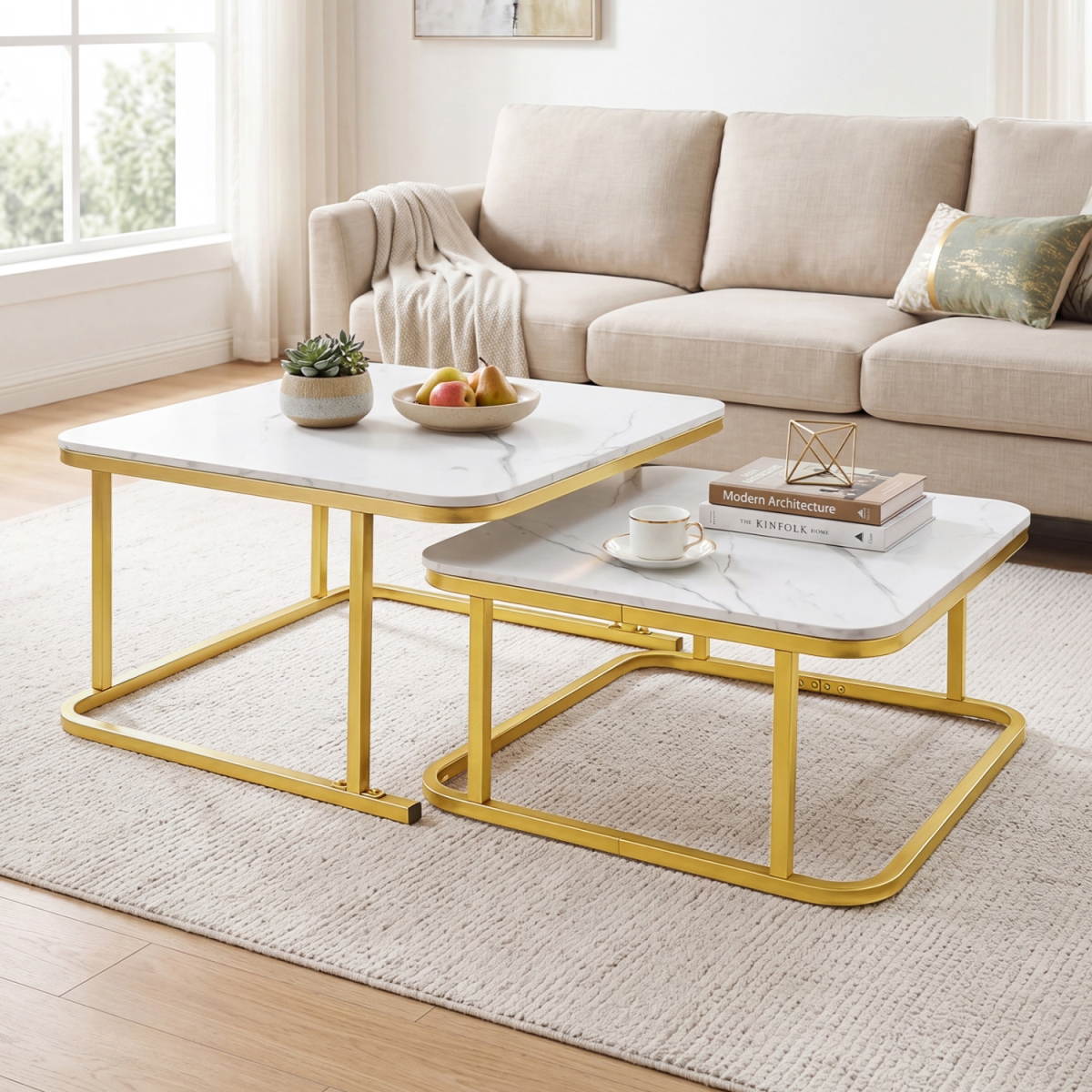 HV11016WH Nesting Coffee Table with Faux Marble Top & Metal Frame - White - Set of 2