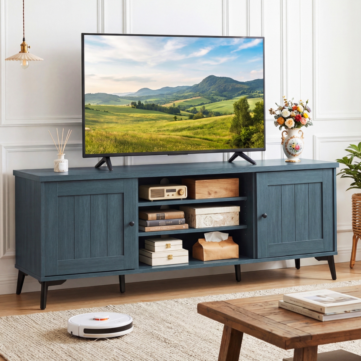 HV11018GN 2-Door TV Stand for TVs Up to 65 in. Mid Century Modern Entertainment Center - Turquoise
