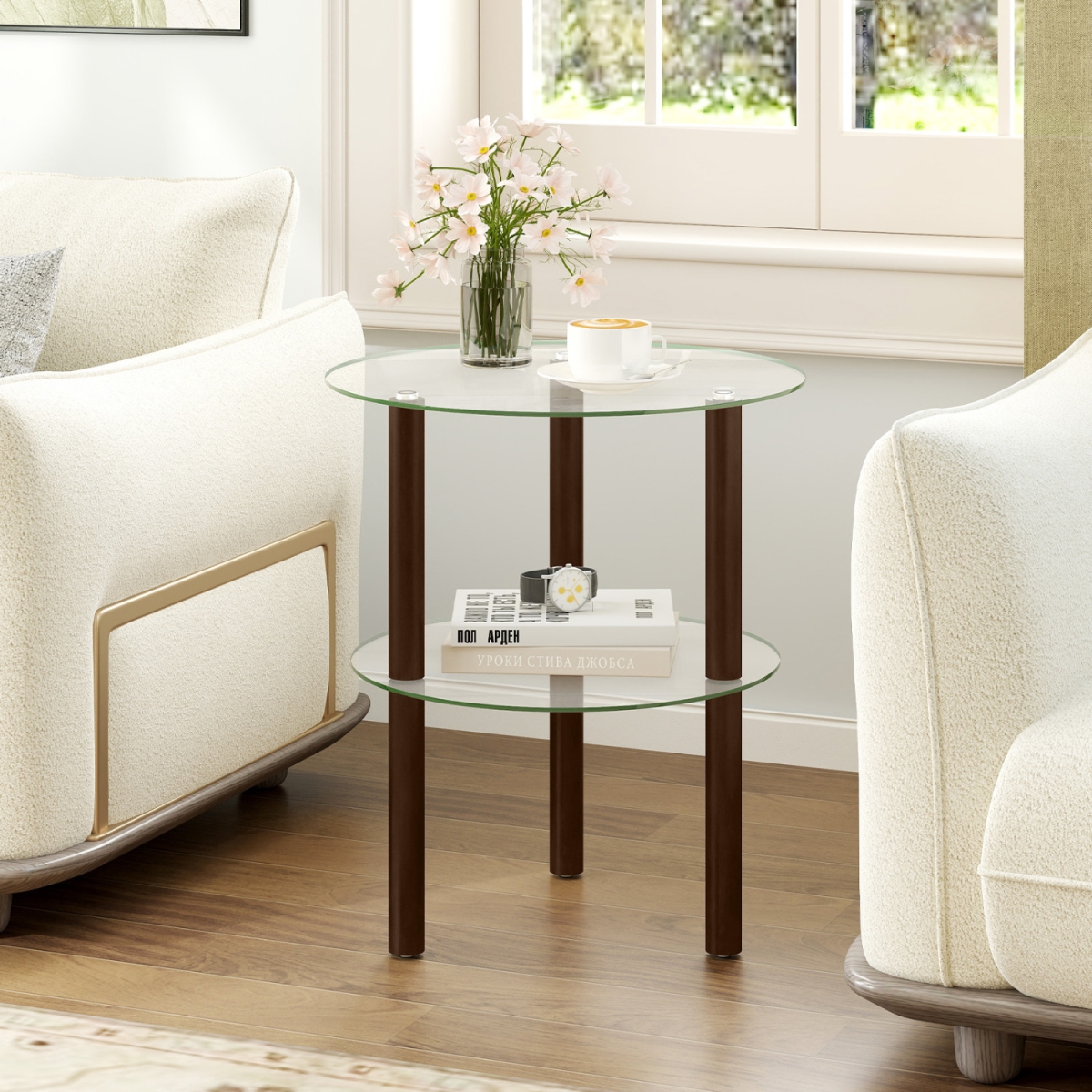 HV11062BN 2-Tier Round End Table with Clear Tempered Glass Top & Shelf - Brown