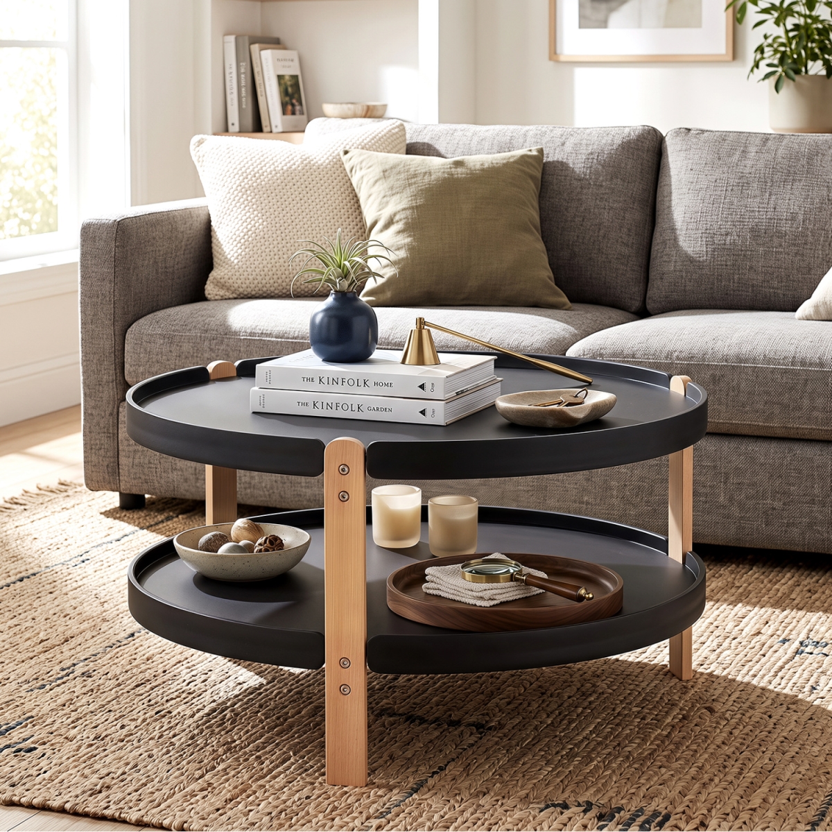 HV11073DK 2-Tier Round Coffee Table with Open Storage Shelf & Solid Beech Wood Legs for Living Room - Black