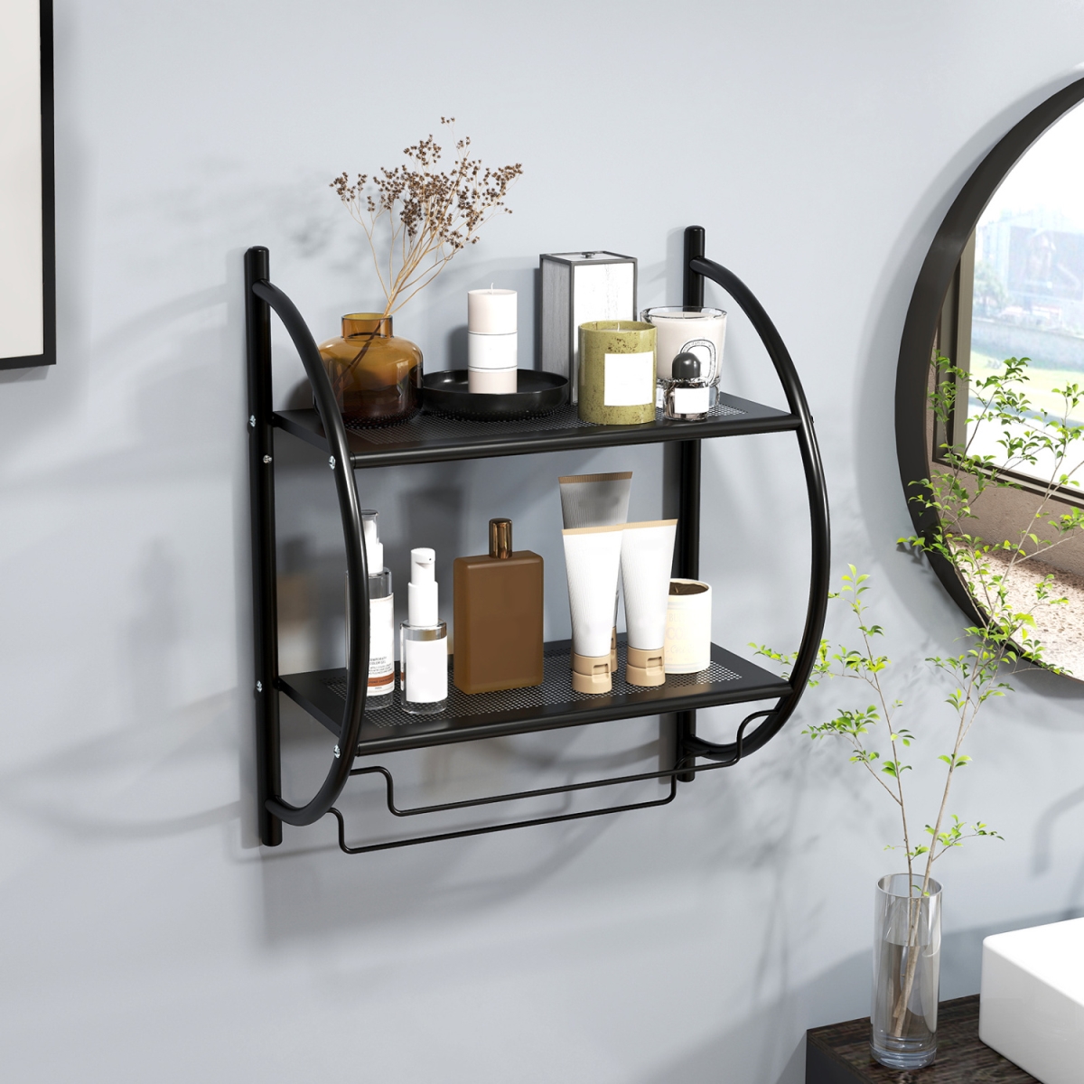 HW59244BK Wall Mounted 2-Tier Bathroom Towel Rack with 2 Towel Bars - Black
