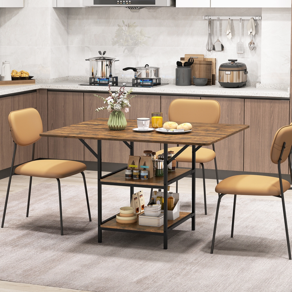 KC59140CF 47 in. Rectangular Dining Table with 2 Open Storage Shelves & Sturdy Metal Legs for 4-6 - Rustic Brown