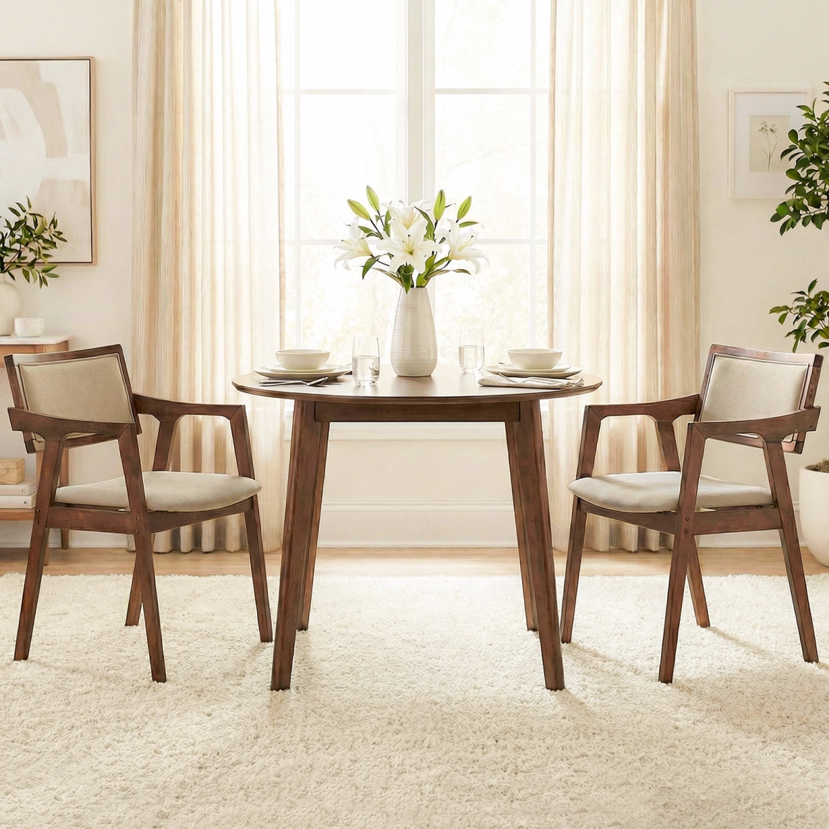 KC59361BN-2 Modern Fabric Upholstered Rubber Wood Dining Chairs with Arms - Beige - Set of 2