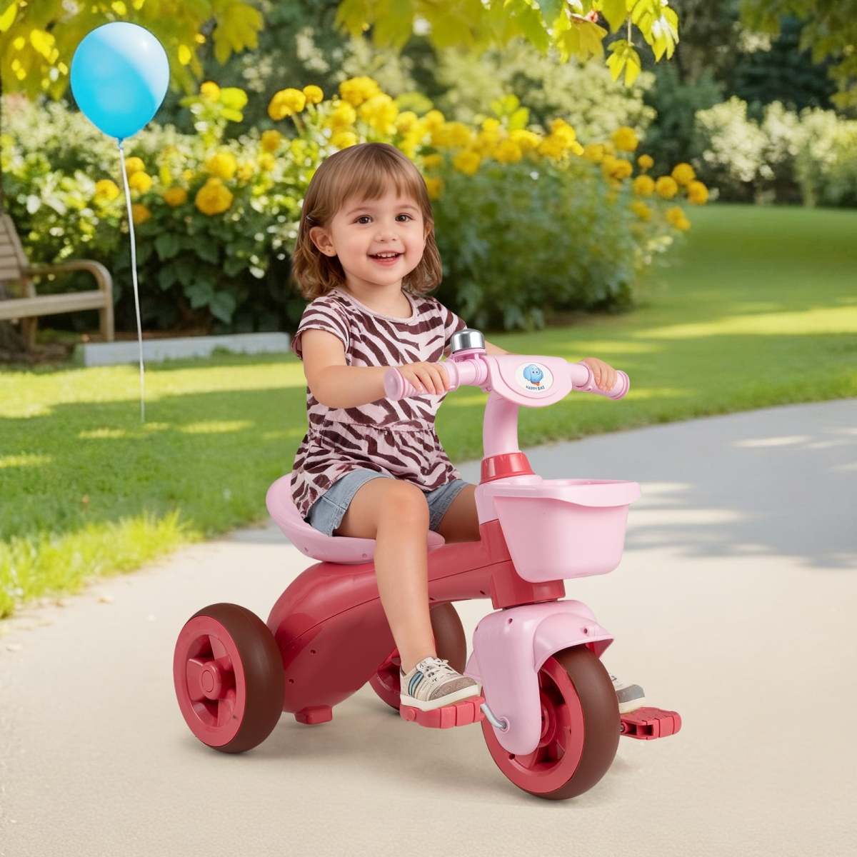 TS10298PI Toddler Tricycle with Limited Steering with Front Baskets & Bell - Pink