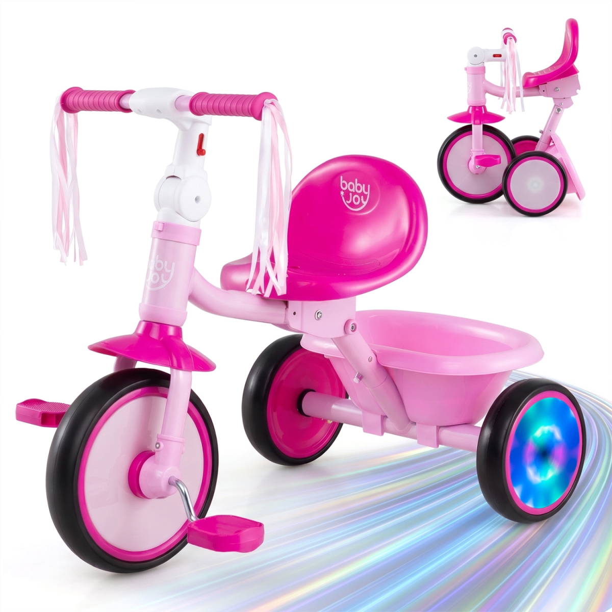 TS10461MH Foldable Toddler Tricycle with Lighting Wheels & Basket for 2-5 Year Old - Pink