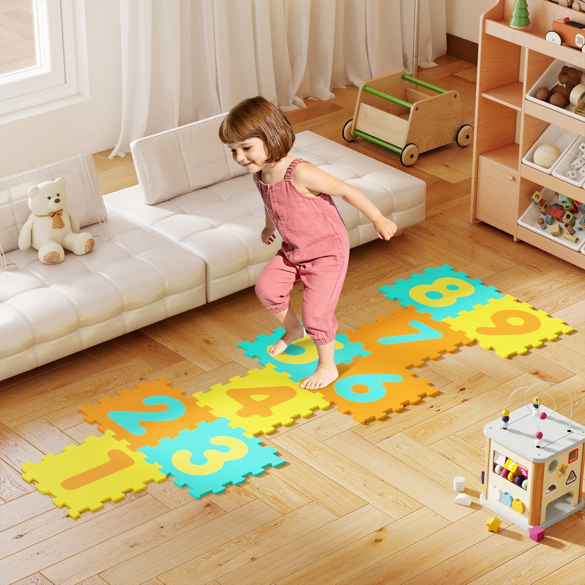 TY363395GY Interlocking Foam Puzzle Floor Mat with 3 Marker Discs - Yellow - 9 Piece