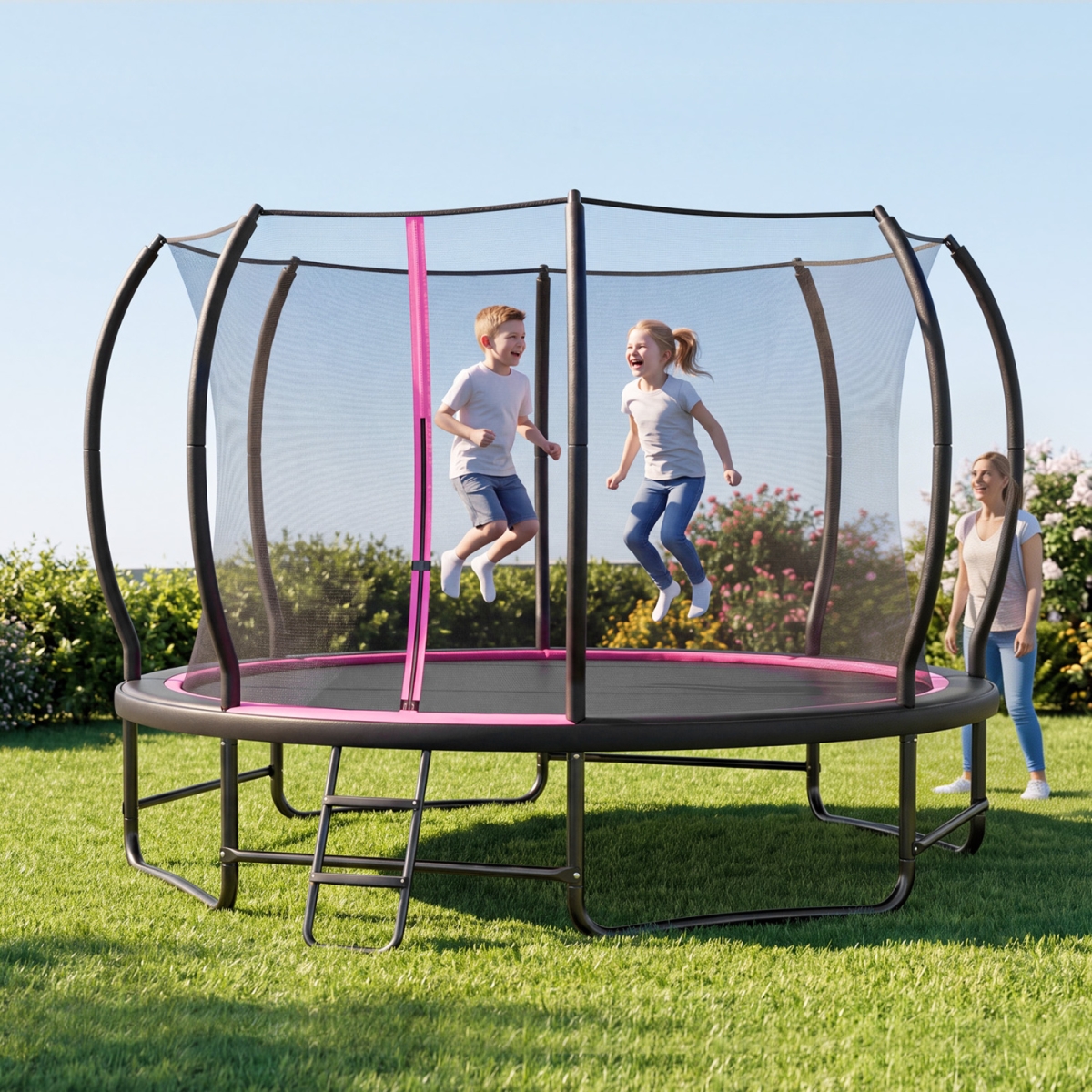 SP38928PI Plus 14 ft. Outdoor Recreational Trampoline with 4 Stabilizer Bars for Backyard, Pink