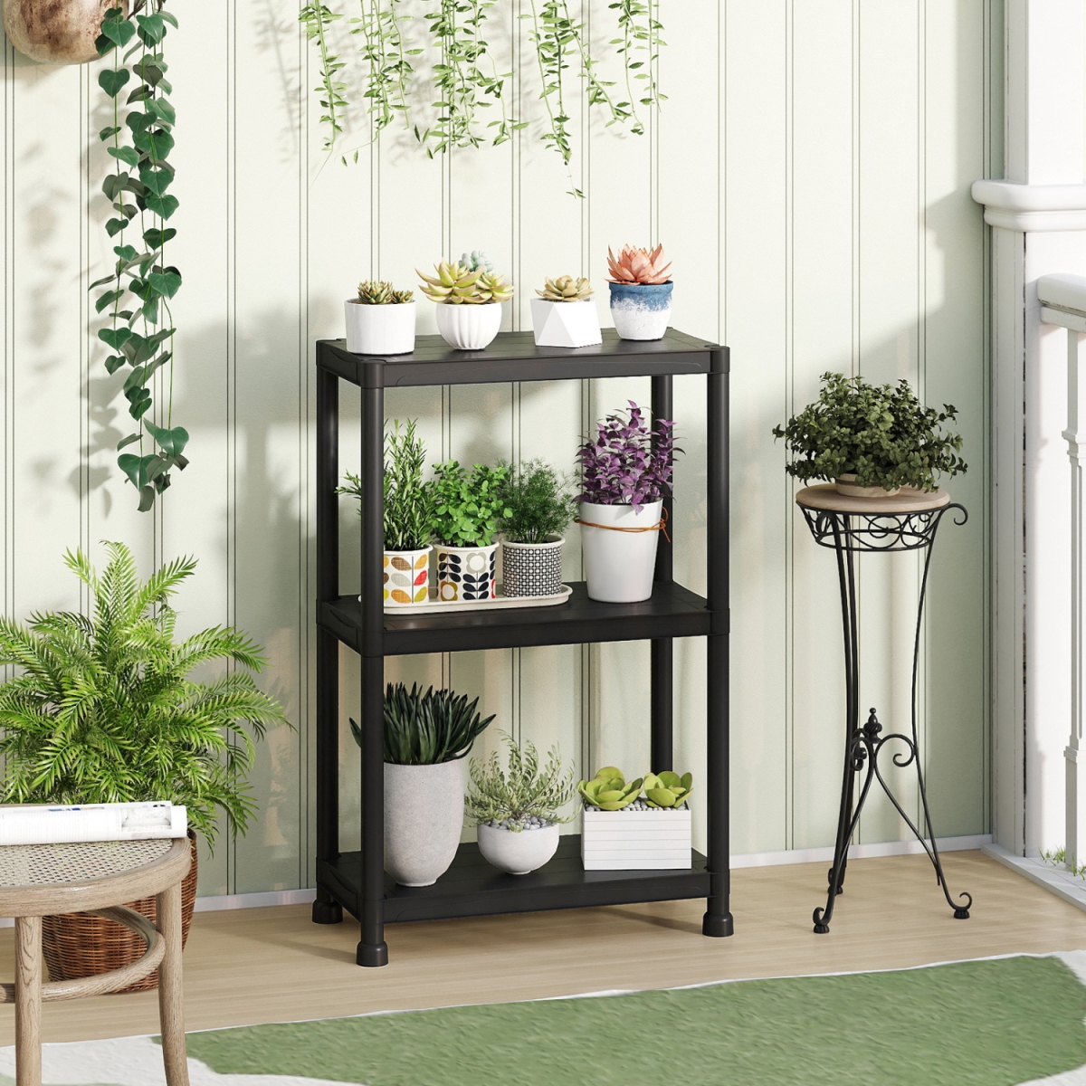 TA10110BK 3-Tier Heavy-Duty Plastic Storage Shelves Freestanding Garage Shelving Unit