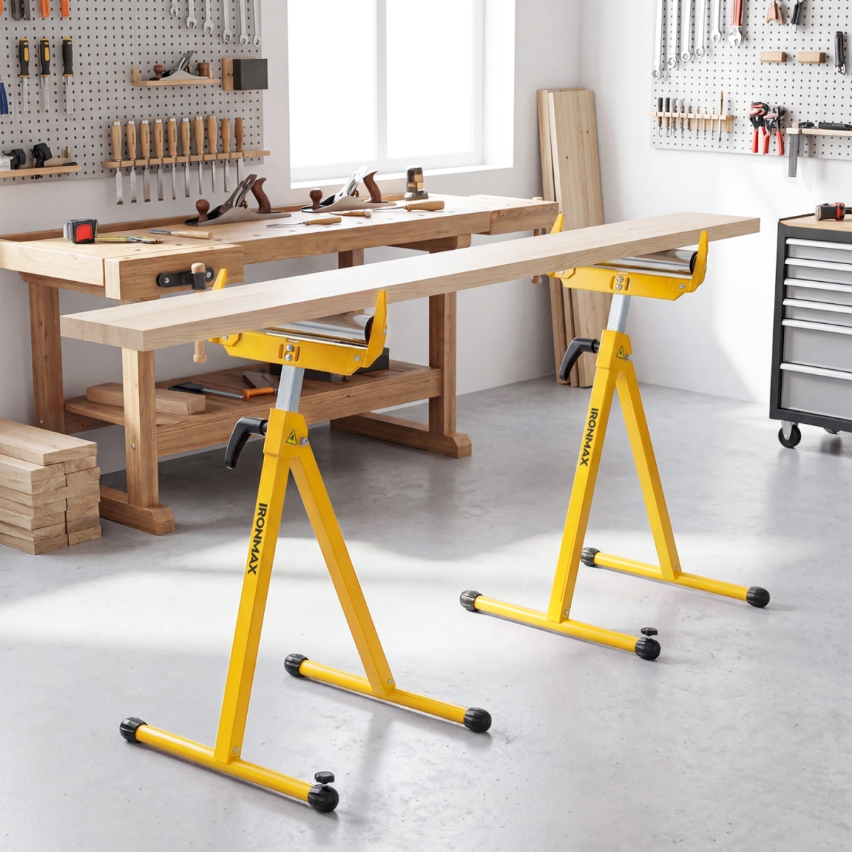 TH10123YW-2 Folding Roller Stands Portable Outfeed Supports with Adjustable Height - Yellow - Pack of 2