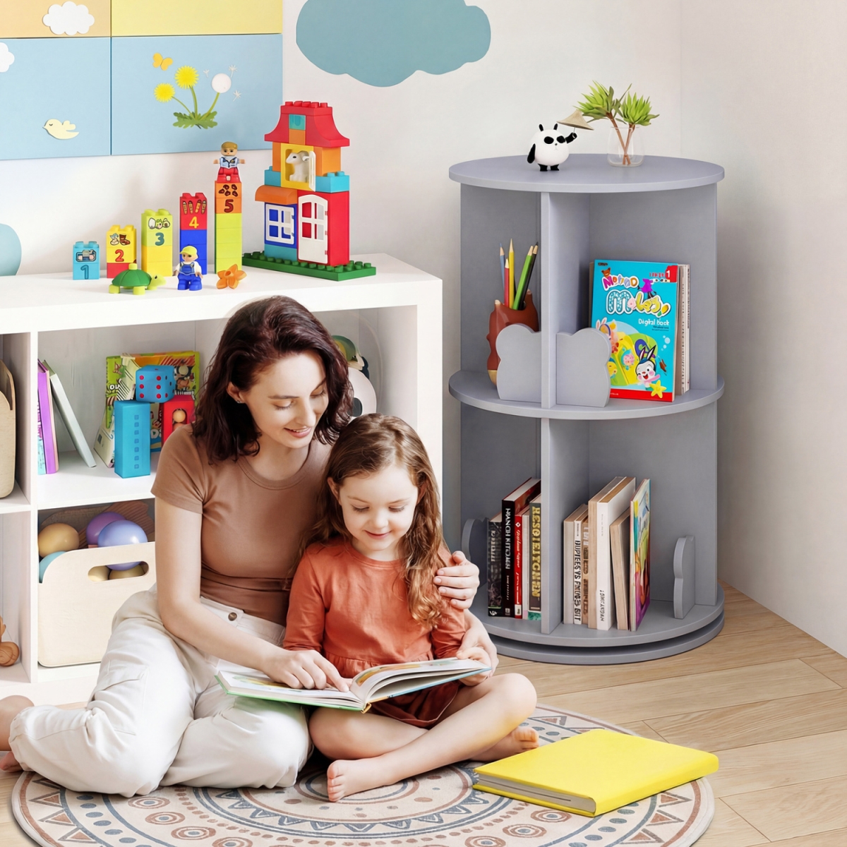 TP10363GR 2 Tier Freestanding Kids Rotating Bookshelf Storage Rack with Bear Baffles - Gray