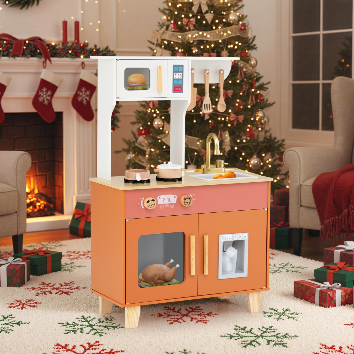TP10422CF Kids Play Kitchen with Microwave & Rotation Knobs for Girls Boys Aged 3-6 - Orange