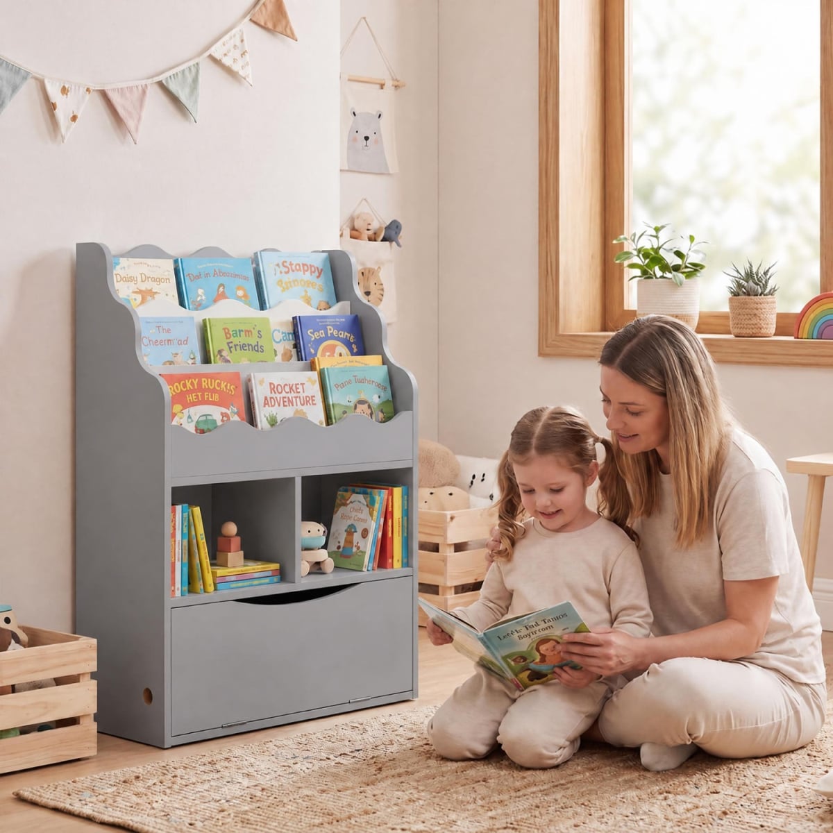 TP10501GR Kids Bookcase with 3-Tier Sling Bookshelf with Shelves Open Cubes & Flip Down Cabinet - Gray