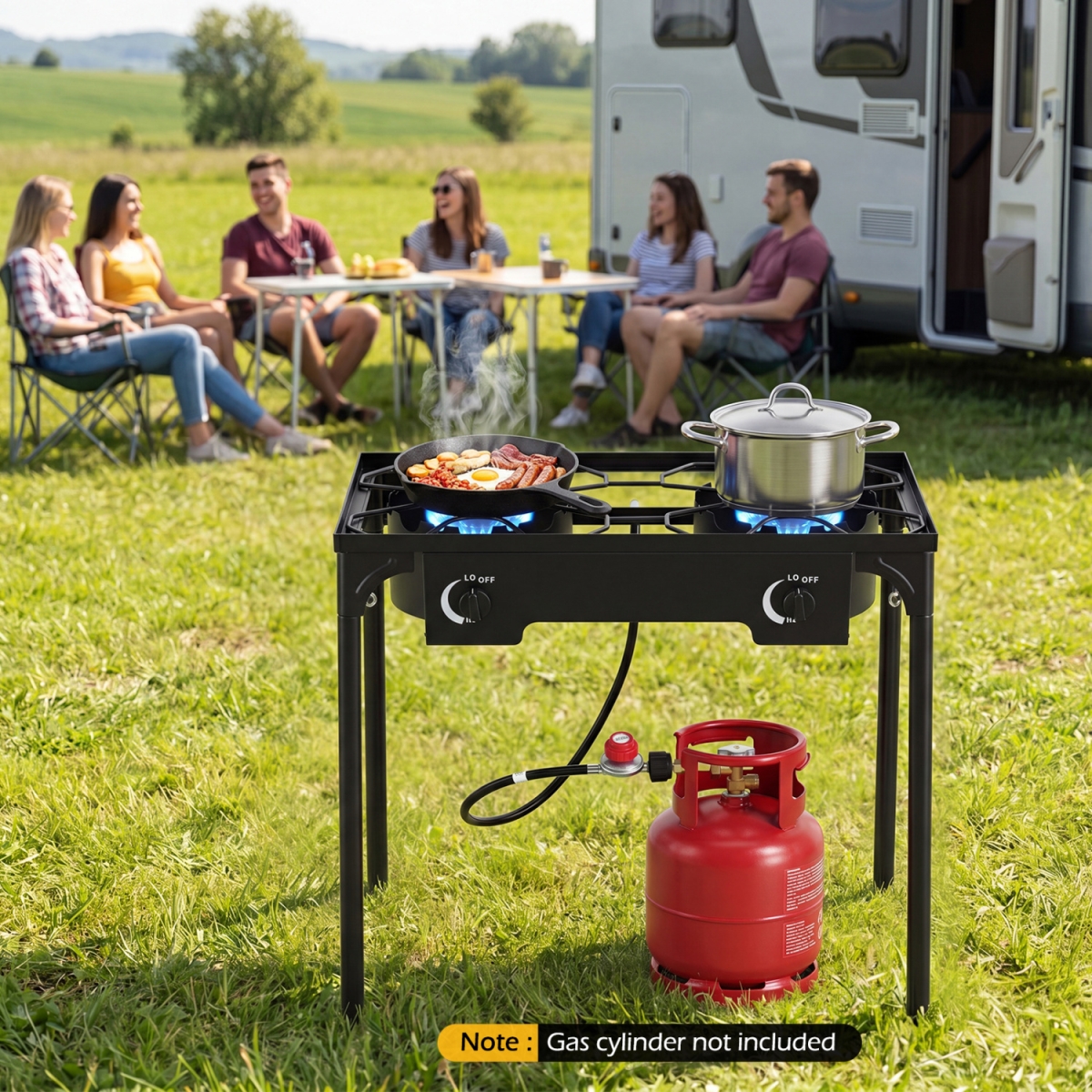 NP13837DK 2 Burner Propane Stove 160000 BTU with Adjustable Regulator & Hose for Camping BBQ - Black