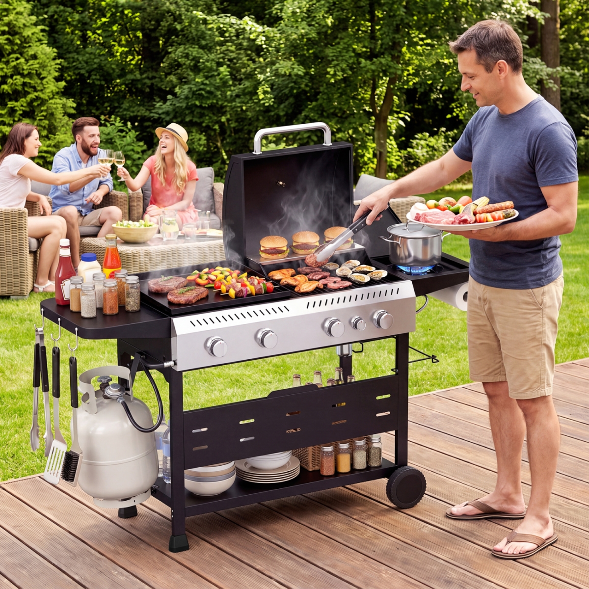 NP13876BK 5-Burner Propane Gas Grill & Griddle Combo with Side Burner - Black