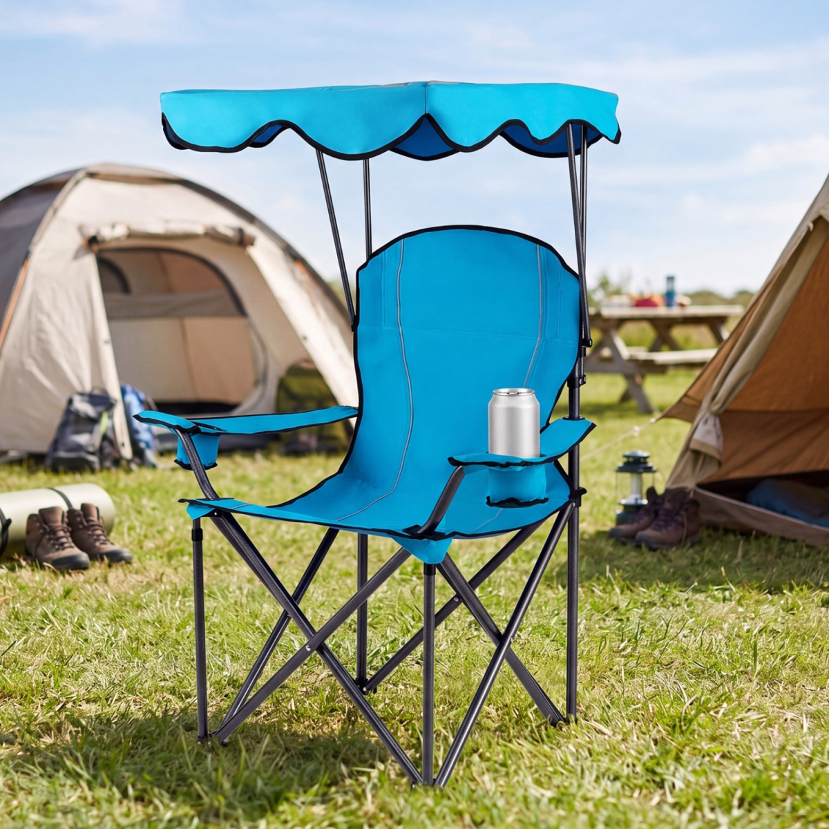 OP3640NY Portable Folding Beach Canopy Chair with Cup Holders - Light Blue