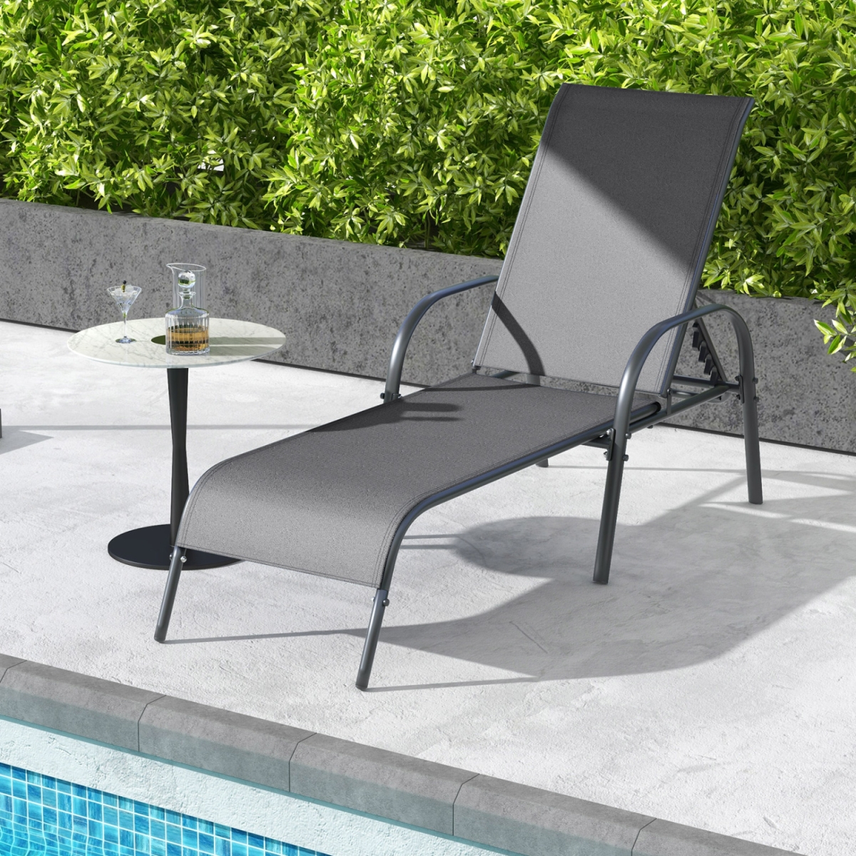 OP70508HS Adjustable Patio Chaise Folding Lounge Chair with Backrest - Dark Gray