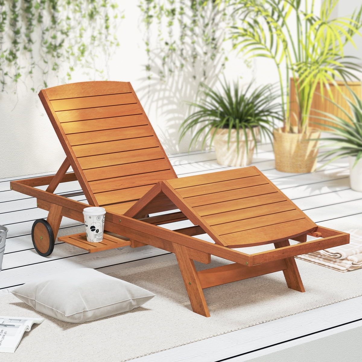 OP71395 Outdoor Chaise Lounge Chair with Wheels 4-Position Patio Wood Recliner with Adjustable Backrest