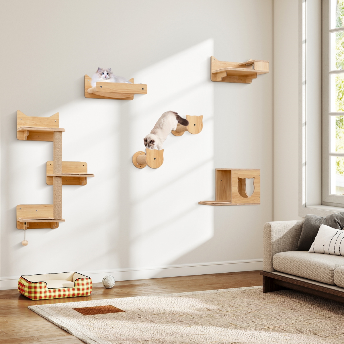 PV10341NA Cat Wall Furniture Set Kitten Wall Mounted Shelves - Natural - 6 Piece