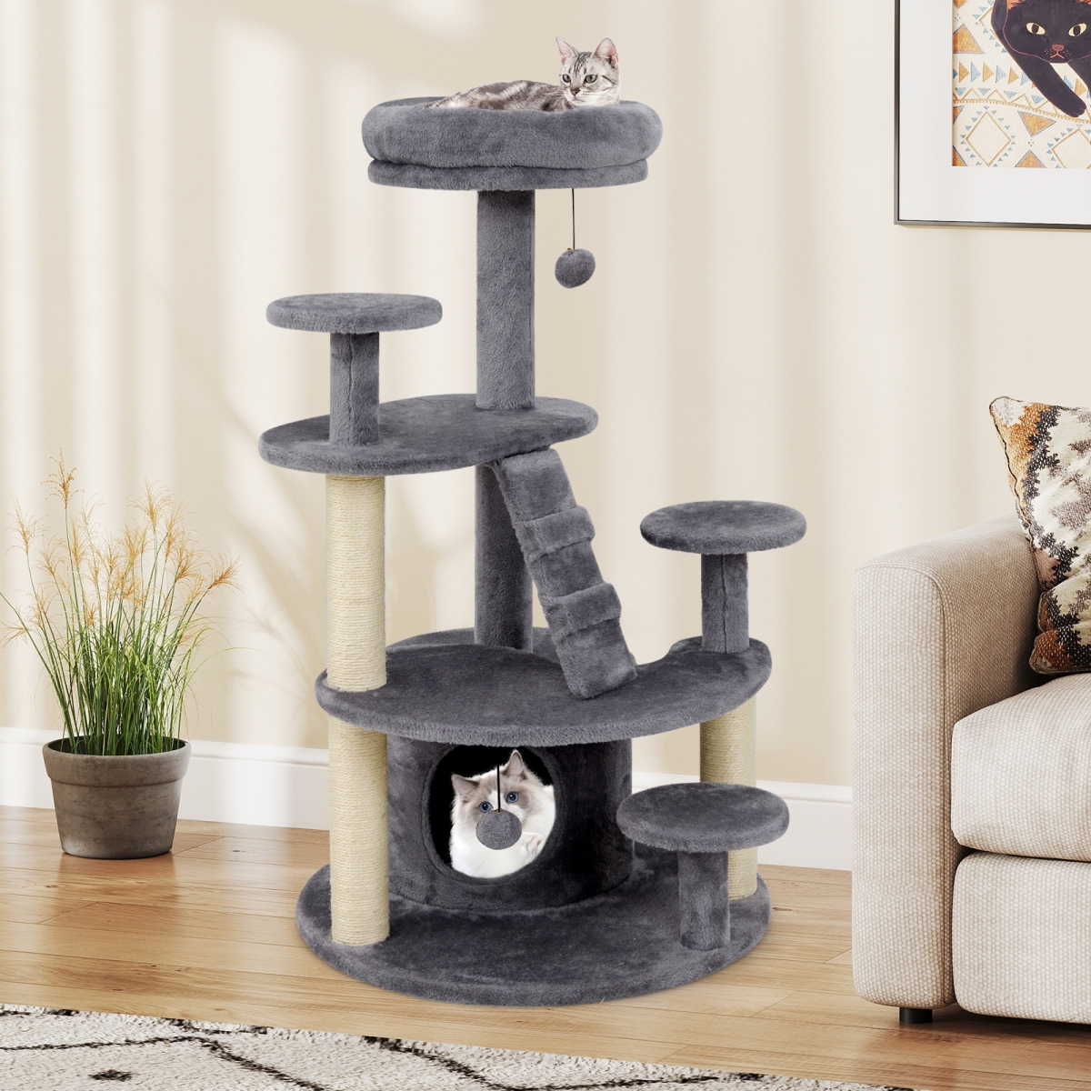 PV10346GR Multi-Level Kitty Tower with Condo & Climbing Ladder - Gray