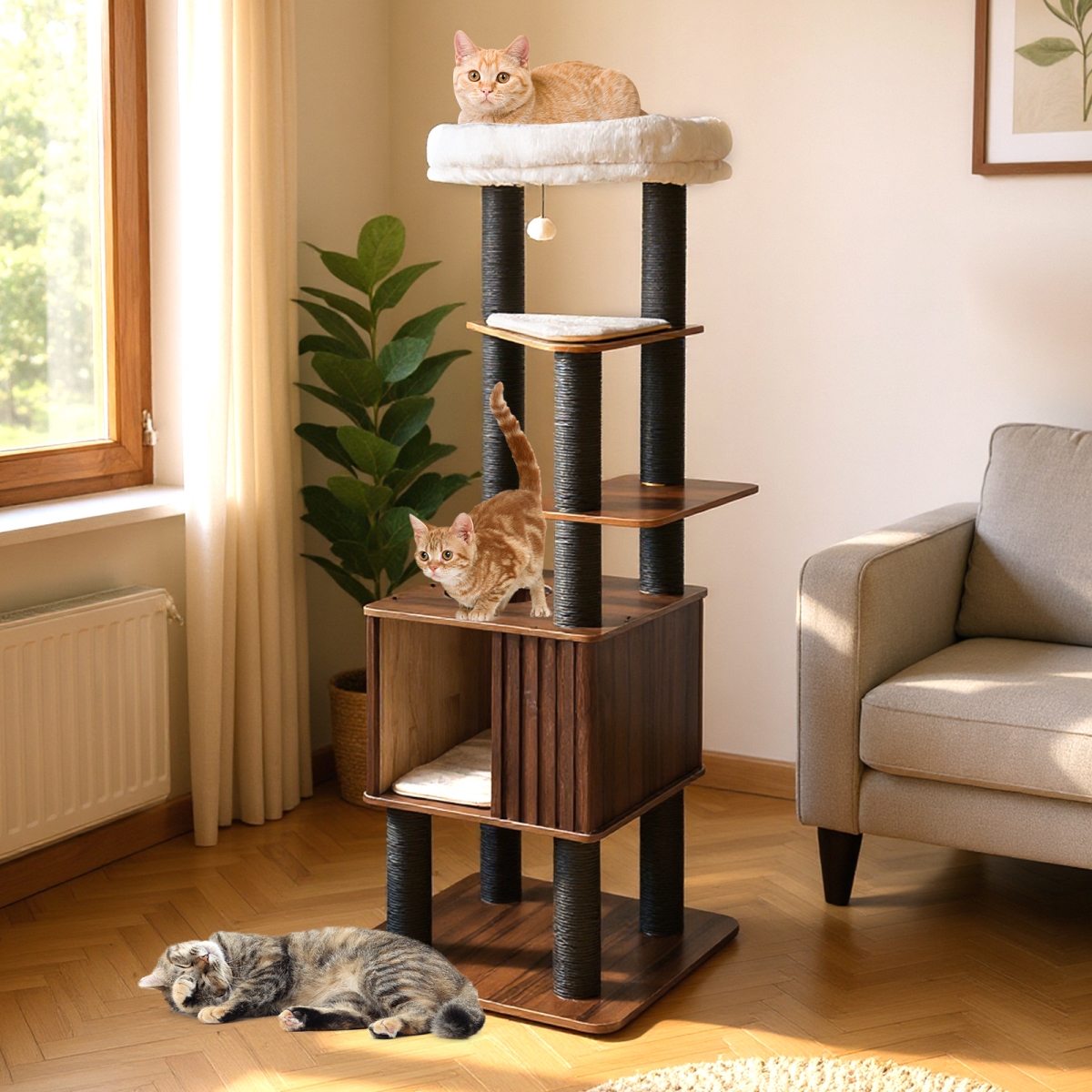 PV10359CF Wooden Cat Tower Top Perch with Soft Padding - Brown