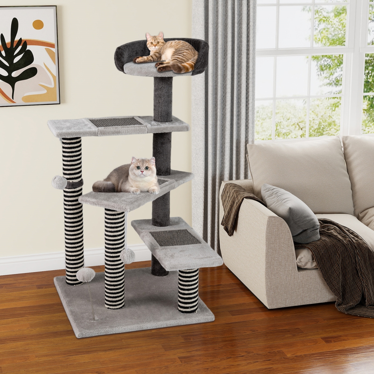 PV10432GR 93 cm Tall Cat Tree Kitten Tower with Sisal & Jute Scratching Posts - Gray