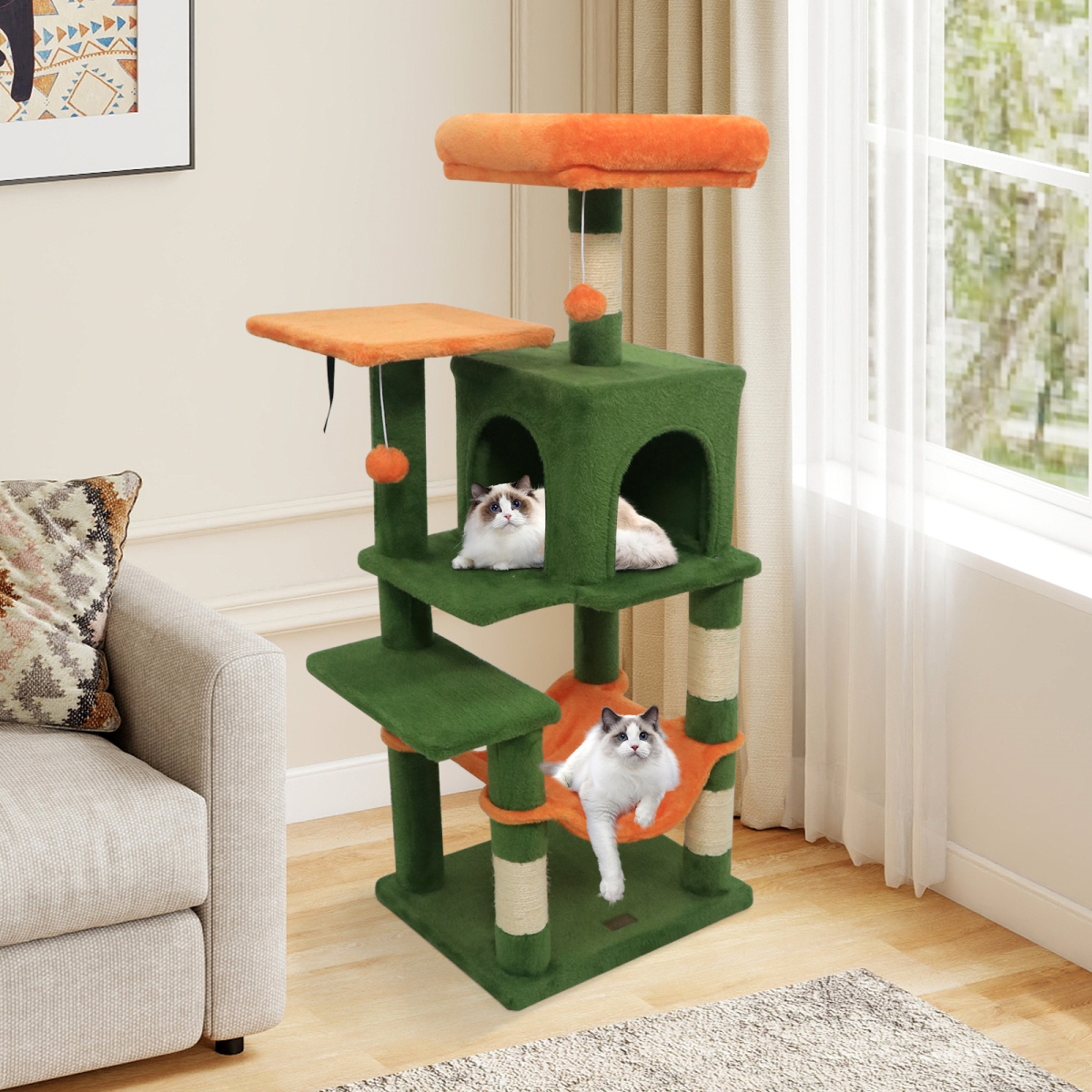 PV10470LV Multi-Level Cat Tower with 2-Door Condo & Padded Top Perch - Green