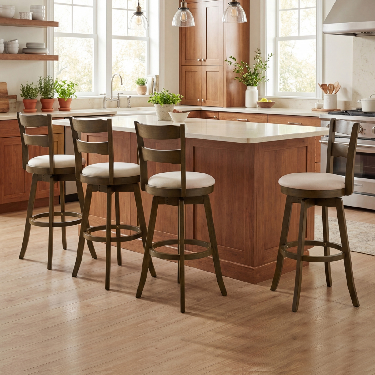 2-JV13613AS-29 30.5 in. Swivel Barstools with Backrest & Upholstered Seat - Olive White & Silver - Set of 4