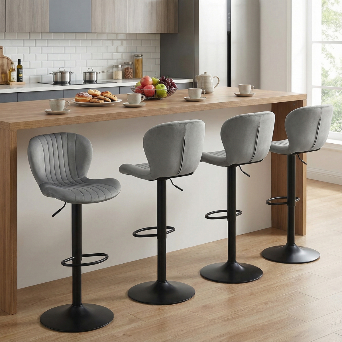 2-JV13739GR-2 Adjustable Counter Height Chairs with Velvet Upholstered Backrests - Gray - Set of 4