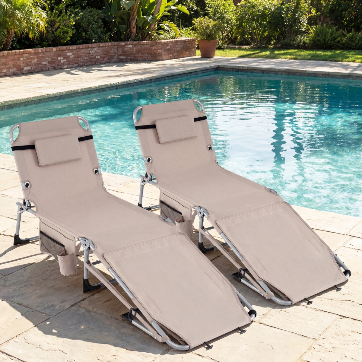 2-NP13351SA Tanning Chairs with Face Arm Holes Portable with 4-Level Backrest - Beige - Set of 2