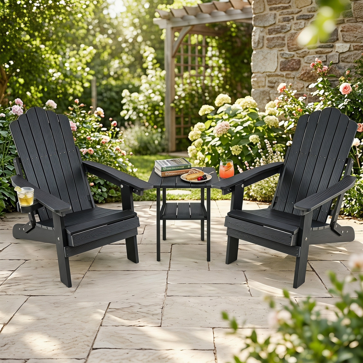 2-NP13571BK Outdoor Folding Adirondack Chair with Cup Holder & 5-Level Backrest - Black - Set of 2