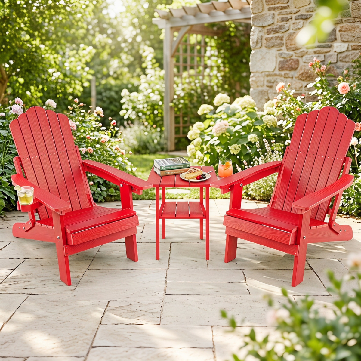 2-NP13571RE Outdoor Folding Adirondack Chair with Cup Holder & 5-Level Backrest - Red - Set of 2