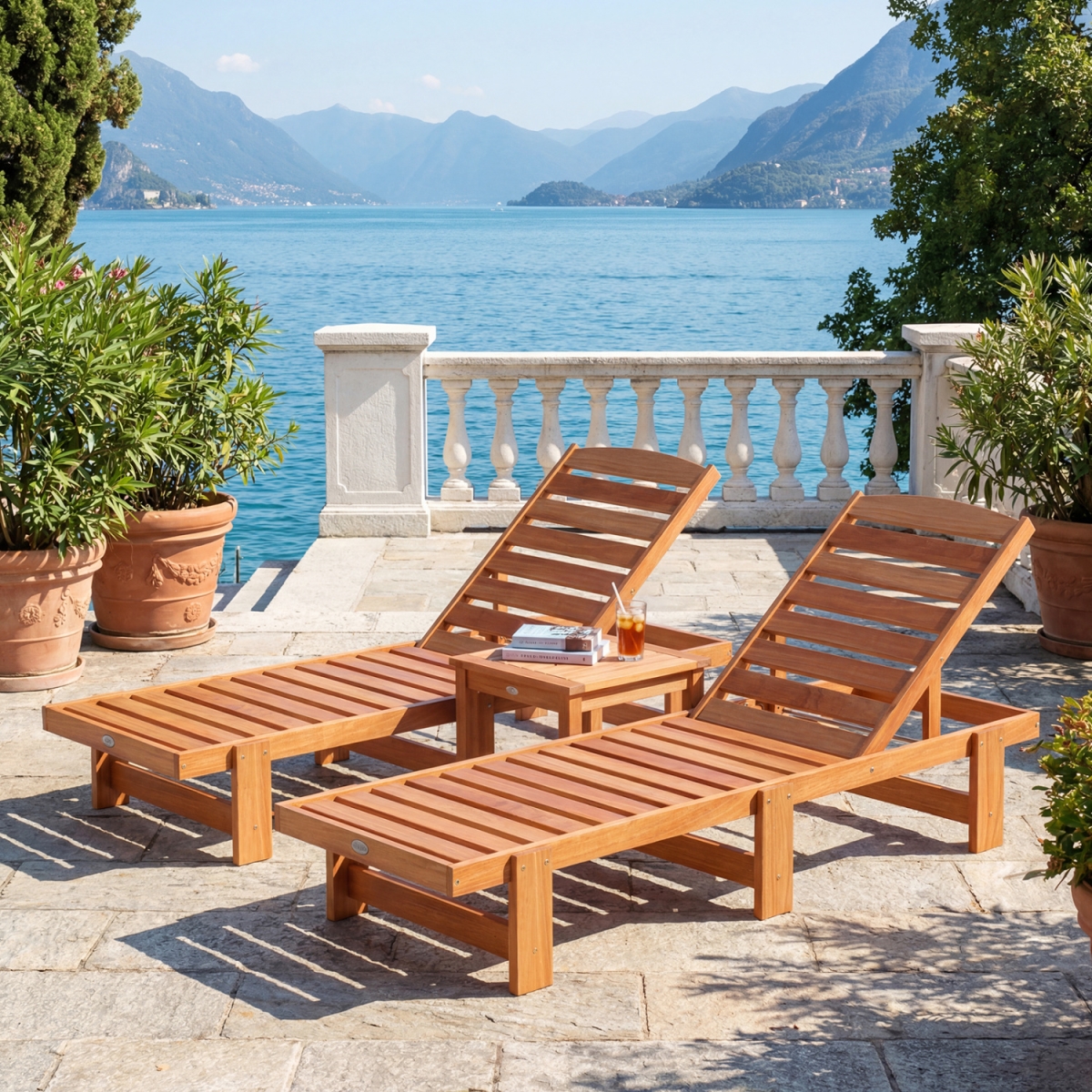 2-JV13807 Patio Chaise Lounge Chair Solid Wood Slatted Recliner with Adjustable Backrest - Set of 2