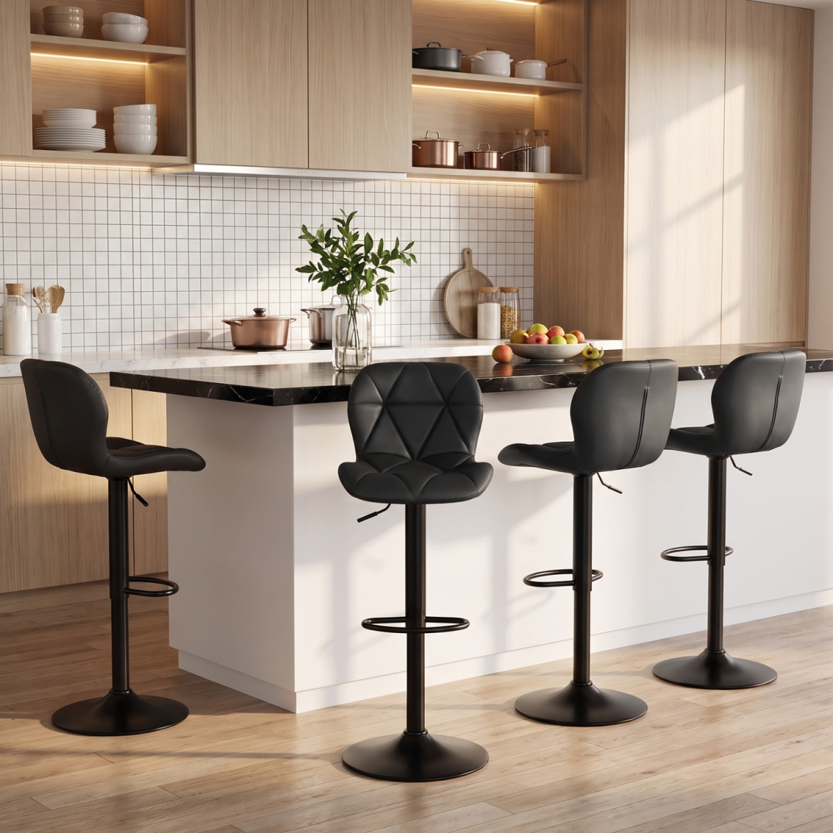 2-JV14961DK-2 Upholstered Swivel Bar Stools with Adjustable Height & Curved Backs - Black - Set of 4