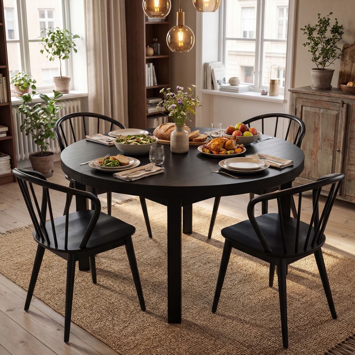 2-KC57311DK Windsor Dining Chairs with Spindle Backrest - Black - Set of 4