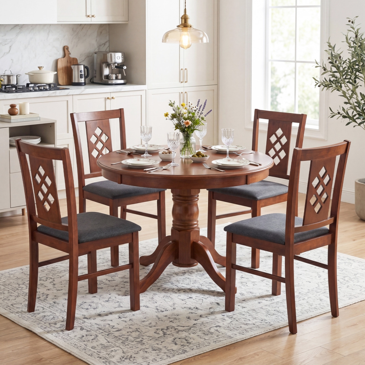 2-KC59572DC-2 Linen Style Upholstered Kitchen Chairs with Wood Frames - Cherry - Set of 4
