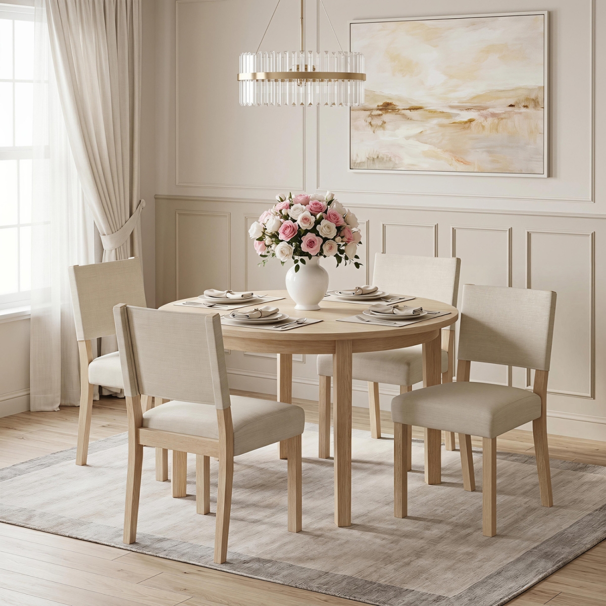 2-JV14593OA-2 Upholstered Dining Chairs with Solid Rubber Wood Legs - Beige - Set of 4