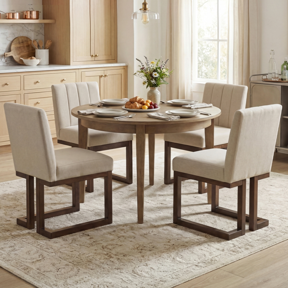 2-KC59314WN-2 Modern Farmhouse Fabric Dining Chairs with 5.5 in. Thickened Padded Seat - Walnut - Set of 4