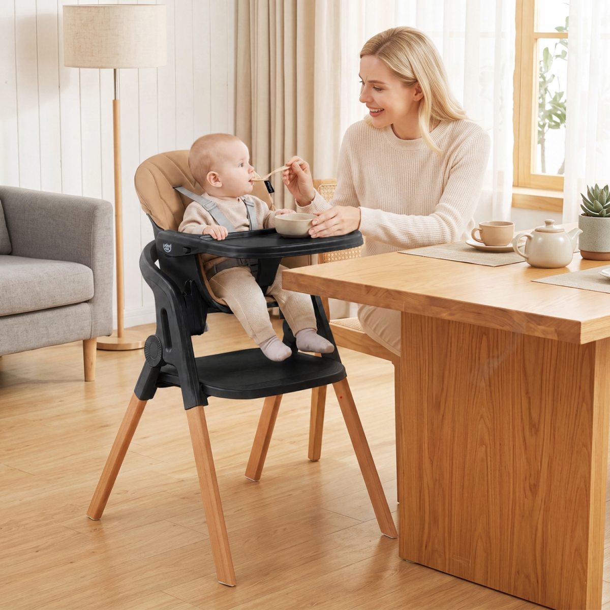AD10117CF 7-in-1 Convertible Foldable Baby High Chair with Adjustable Tray for Kids - Brown