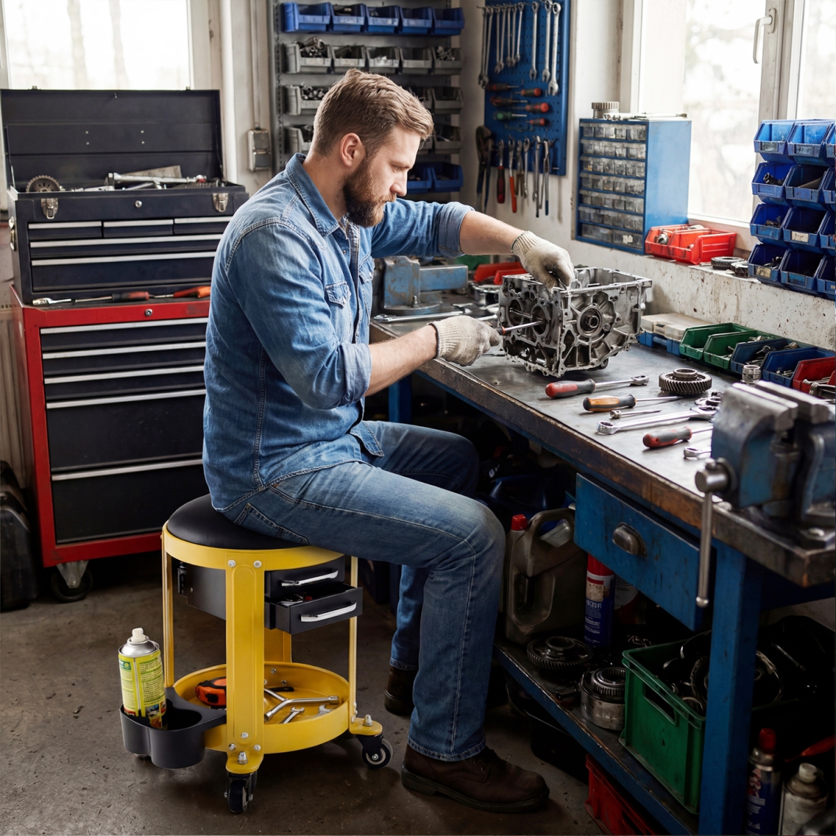 AU10008YE Rolling Mechanic Stool with Removable Padded Seat & Drawers - Yellow