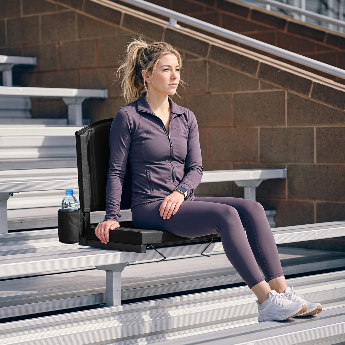 AU10112BK Portable Folding Bleacher Chair with Thick Padded Cushion Removable Shoulder Strap - Black