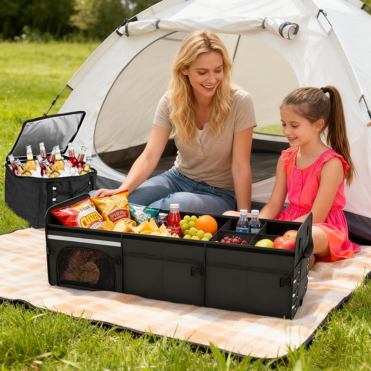 AX10015BK 18 gal Car Trunk Organizer with Lid 3-Compartment Portable Storage Box - Black