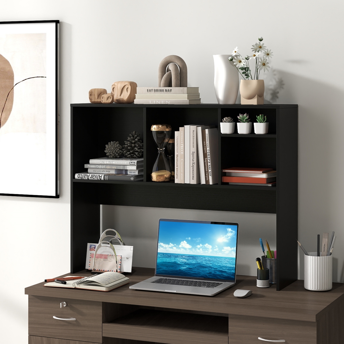 CB10657DK Computer Desktop Bookcase with 4 Cubbies & Open Back Compartment - Black