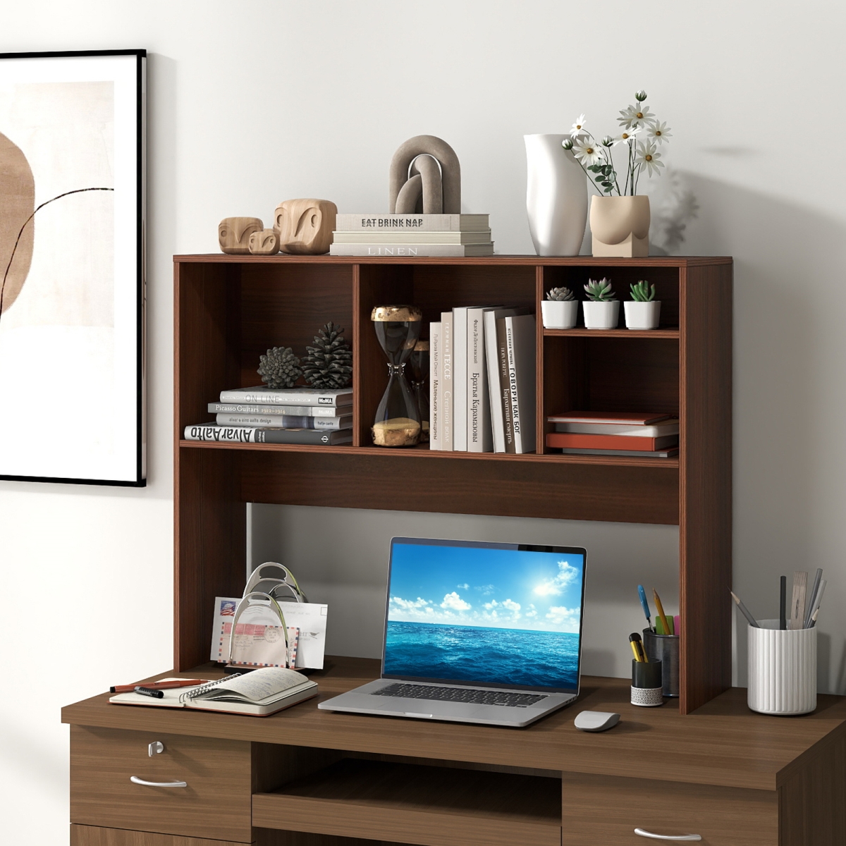 CB10657HT Computer Desktop Bookcase with 4 Cubbies & Open Back Compartment - Walnut